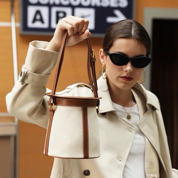 Canvas Leather Trim Bucket Bag Adjustable Shoulder‎ & Crossbody Bag Casual Bag - Picture 3 of 9